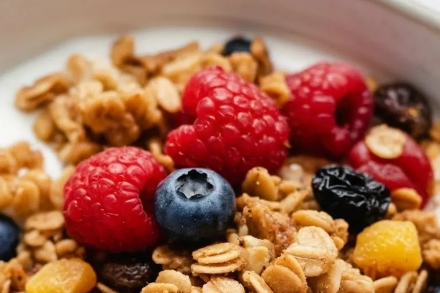 Granola doré en morceaux dans un bocal avec des amandes
