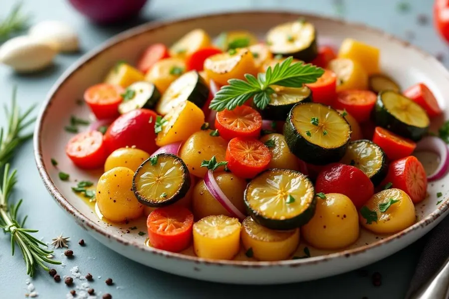 Mélange de courgettes, poivrons et aubergines rôtis aux herbes