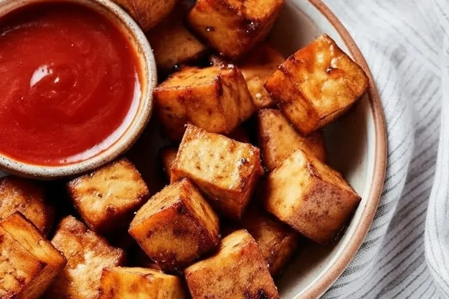Cubes de tofu dorés parsemés de graines de sésame et d'oignon vert